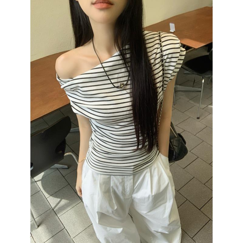 Women Striped One Shoulder Short Sleeve Slim Fit Casual T Shirt Top