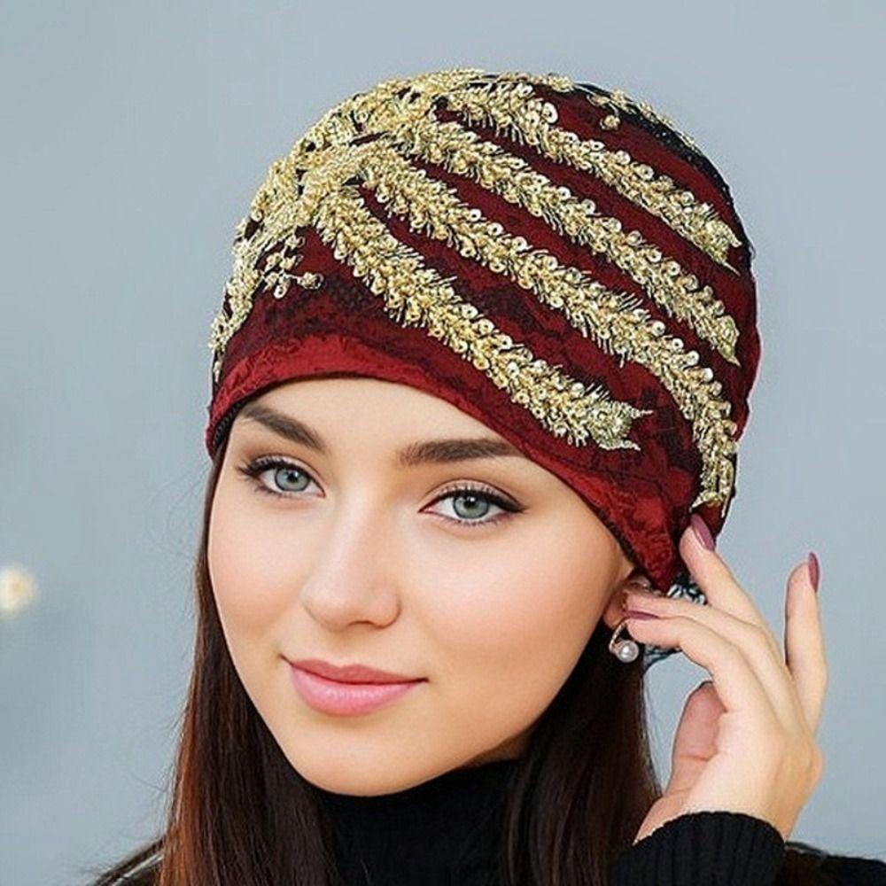 Rhinestone Lace Turban Hats Flower Islamic Under Scarf Solid Color Summer Thin Headscarf  Girls