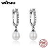 WOSTU 100% Pure 925 Sterling Silver Graceful Freshwater Pearl Clear CZ Drop Earrings For Women Jewelry Brincos Gift CQE194