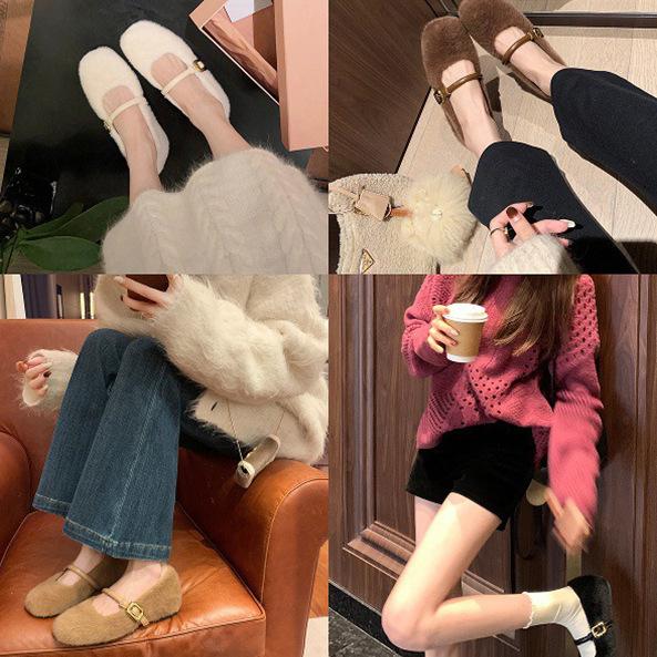 Real Wool Version~ Inner Height Increase 4cm Grape Ma Ballet Single Shoes Velvet Warm Fluffy Shoes Women Wear Mary Jane Shoes In Winter