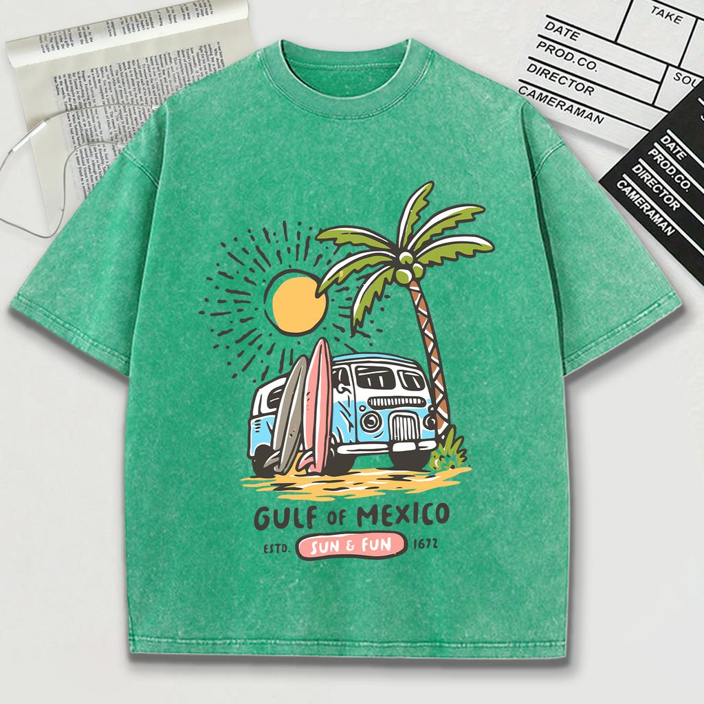 Gulf Of Mexico Estd Sun Fun Print Washed Men T-Shirt Summer Retro Cotton T Shirts Snow Wash Tee Loose O-Neck Streetwear
