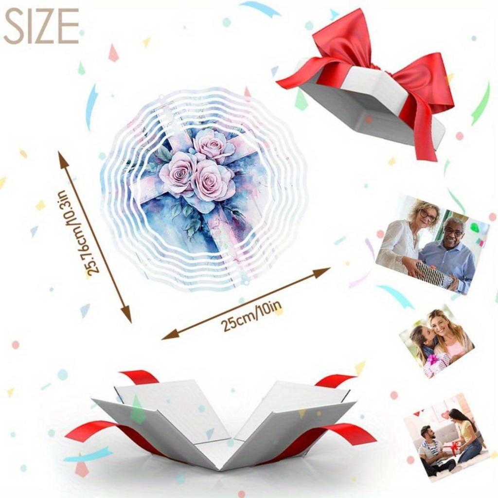 Metal Wind Spinner with 3D Rose Floral Cross Design Rotating Outdoor Garden Decor for Yard Patio Balcony