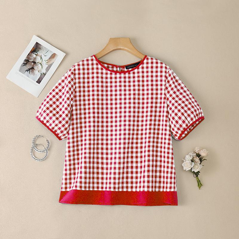ZANZEA Women Grid Print Casual Round Neck Loose Short Sleeve Blouse