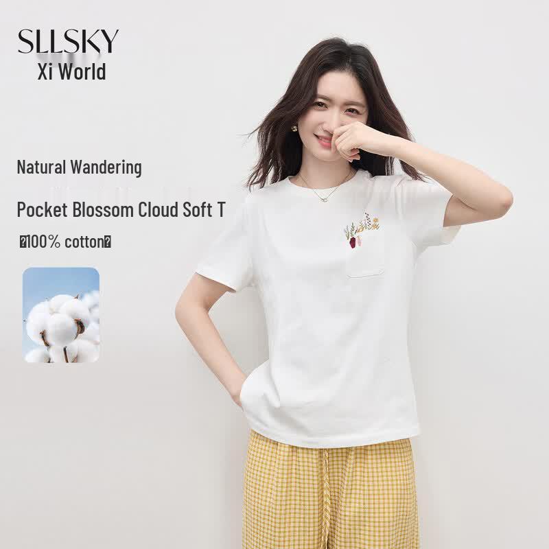Sllsky 100% Cotton Cool-Touch Embroidered T-Shirt S