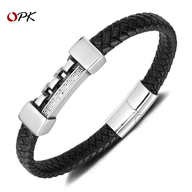 Hot Selling Leather Bracelet Men's Stainless Steel Personalized Fashion Versatile Retro Style Titanium Woven