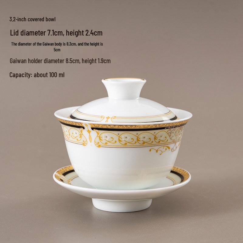 Chinese Style Ceramic Tea Set: White Porcelain Cup with Blue and White Ruyi Covered Bowl for Living Room