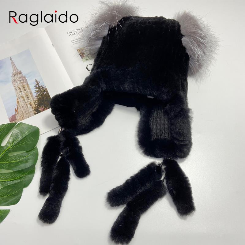Chapéus de pele de coelho natural para mulheres, abas de orelha, rabos fofos, chapéu de inverno quente e estiloso