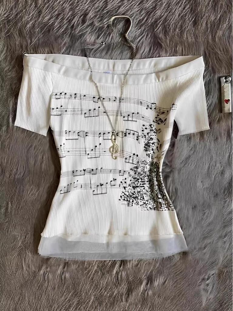 Girls' Retro Slim-Fit Off-Shoulder Long Sleeve T-shirt with Artistic Notes