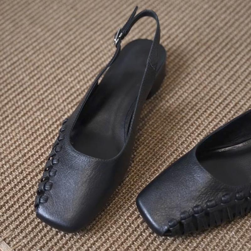 

Sheepskin version~ French design sense woven bag head sandals women s summer wear fashion word with back empty thick heel single shoes 40 чёрный