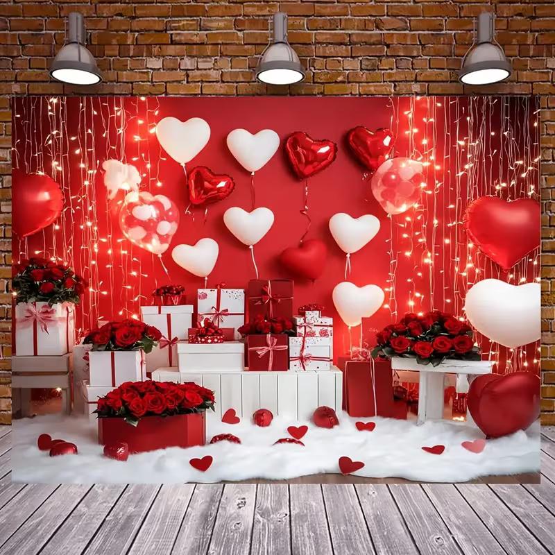 2D Red Heart Valentine Banner, Romantic Light & Rose Backdrop, Engagement Party Photo Booth Decor