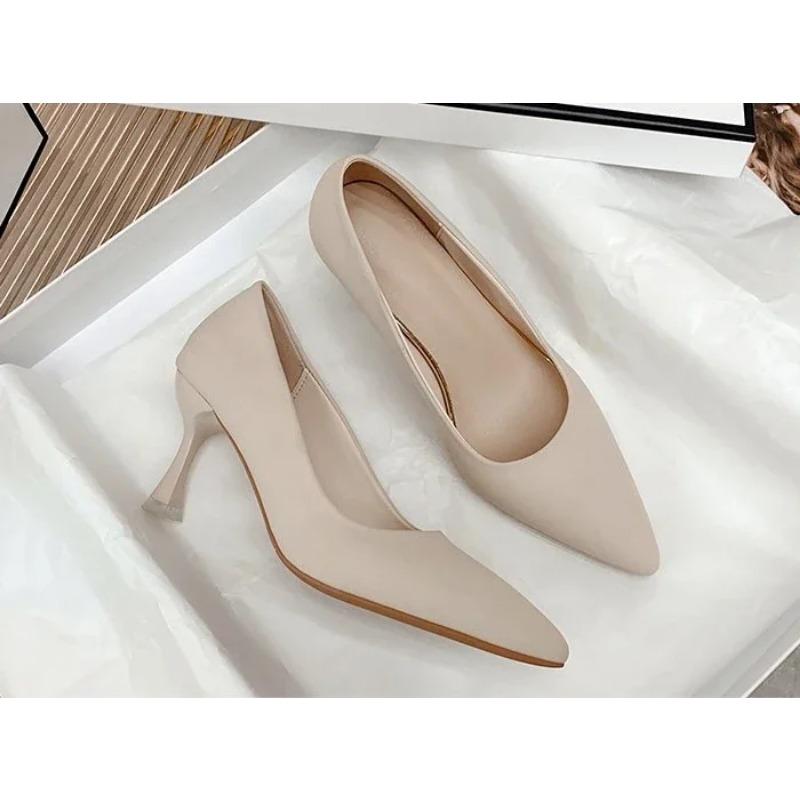 

Женские новые босоножки на среднем каблуке, черные, 6-8-10 см, с острым носком, на тонком каблуке, туфли Baotou Banquet на высоком каблуке, женская обувь Tacones Mujer 35 бежевый