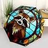 1 Stück Buntglas Waschbär Design Automatischer Faltregenschirm - Tragbares 3-fach faltbares Design mit 8-Speichen-Eisenrahmen, Perfekt für den Außenbereich, Festliche Geschenke, F