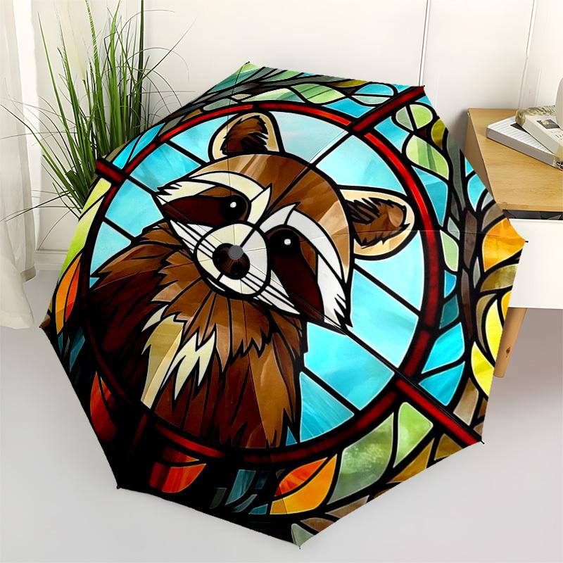 1pc Stained Glass Raccoon Design Automatic Folding Umbrella - Portable 3-Fold Design with 8-Bone Iron Frame, Perfect for Outdoor Use, Festive Gifts, F