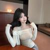 Temperament versatile bow one-word off-shoulder long-sleeved T-shirt slim-fitting and thin lace one-shoulder suspender design top