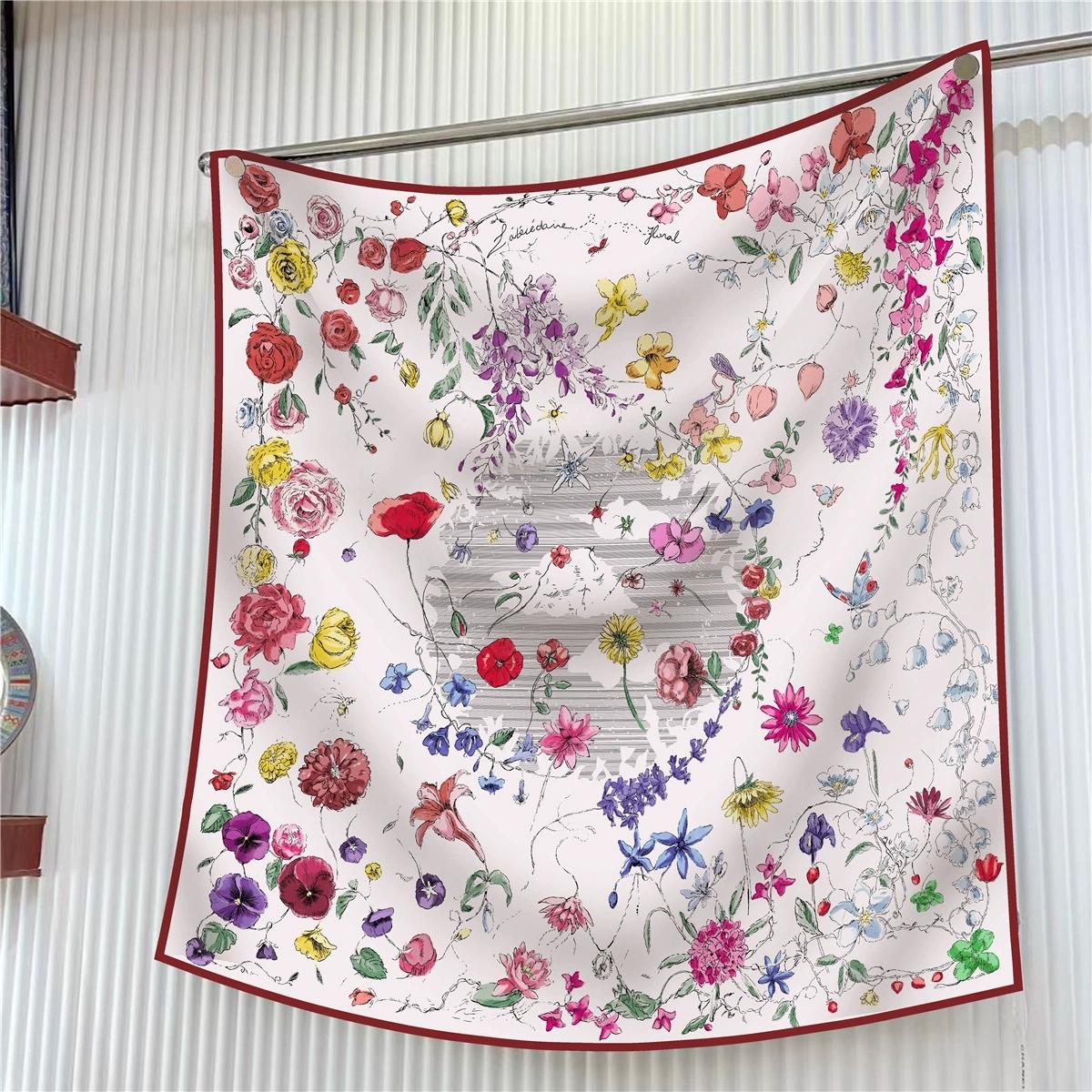 

Французский стиль 90 см квадратный твиловый шарф шаль хиджабы роскошный растительный цветочный принт бандана фуляр шейный платок для дам 90x90cm