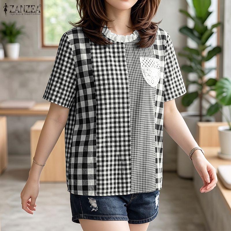 ZANZEA Women Plaid Print Casual Round Neck Loose Short Sleeve Blouse