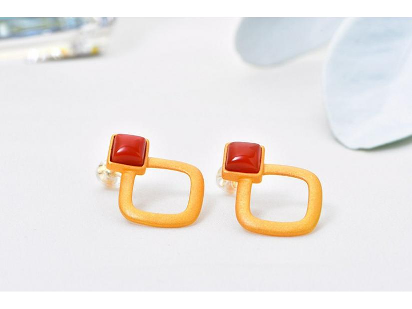 Gold-Plated Square Hollow 925 Sterling Silver Earrings with Southern Red Agate and Certificate for Women