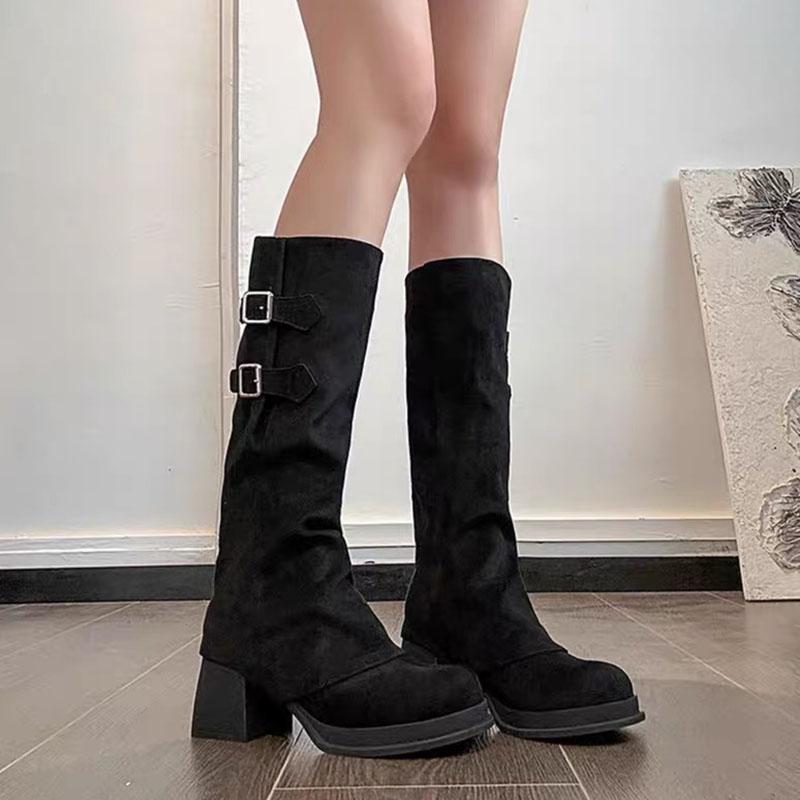 Fashion Retro Fashion Removable Two Wear Suede Knee High Long Boots Chunky High Heeled Women's Shoes 2025 Autumn Solid Thigh-high Boots