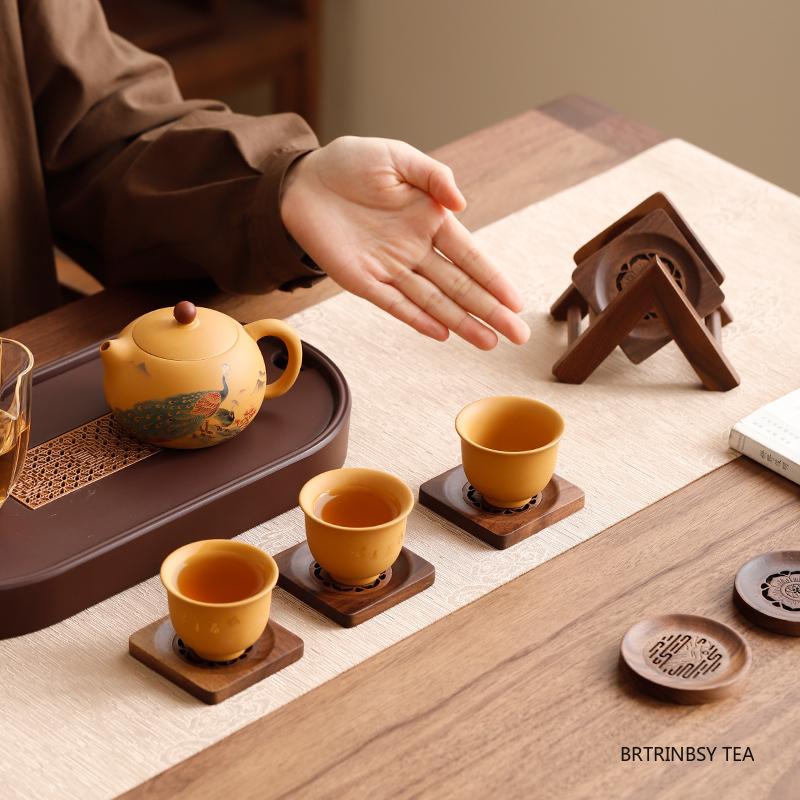 1 Set Chinese Walnut Wood Tea Tray Storage Rack Household Carved Coaster Insulation Teapot Teacup Mat Teaware Accessories