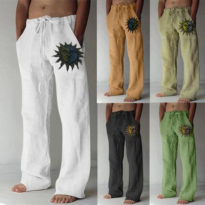 Lose, lässige, einfarbige, bedruckte Baumwoll-Leinen-Hose für Herren mit elastischem Bindeband