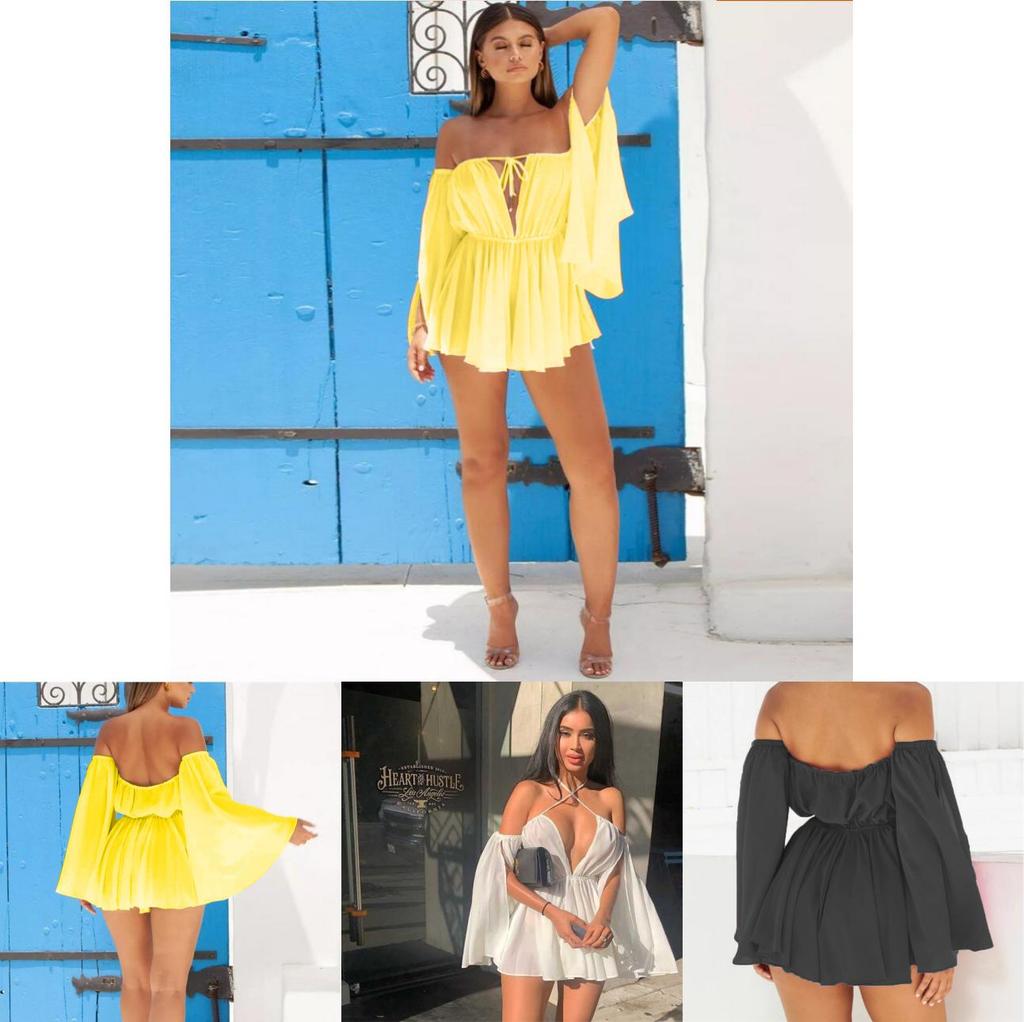 Elegant Chiffon Summer Open Sleeves Word Shoulder Straps Tube Top High Waist Dress