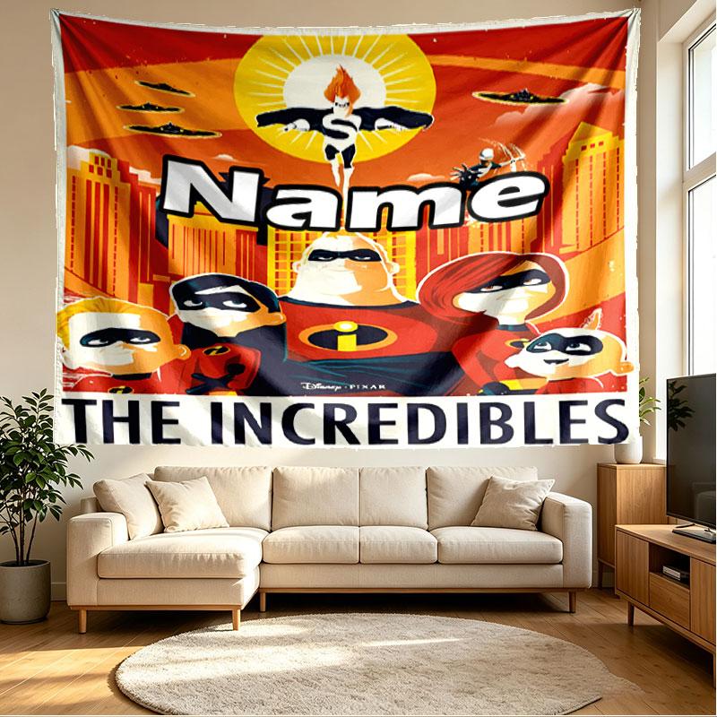 Custom Name Personalized Incredibles Print Tapestry, Wall Art Decor, Bedroom, Dorm, Apartment, LivingRoom, Party Backdrop, Gift for Birthday