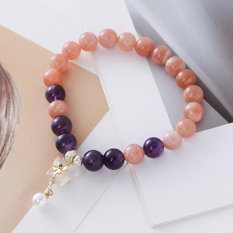 Natural Green Quartz Bead Bracelet for Women Retro Gold Plated Flower Pendant