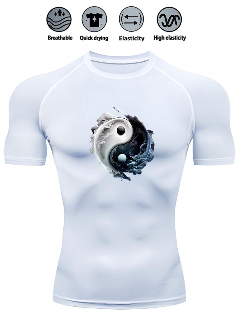 Mens White Compression Short Sleeve T-Shirt Yin Yang Graphic Quick Dry Breathable High Elasticity Gym And Running Athletic Top