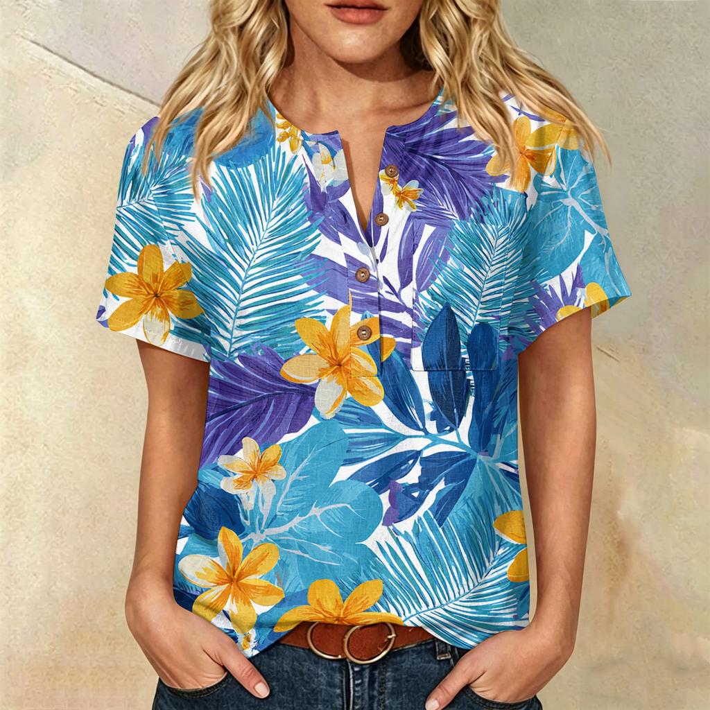 Women's Floral Print Short Sleeve Shirt Henley Button Neck Chest Pocket Casual Linen Cotton Blended Top for Summer
