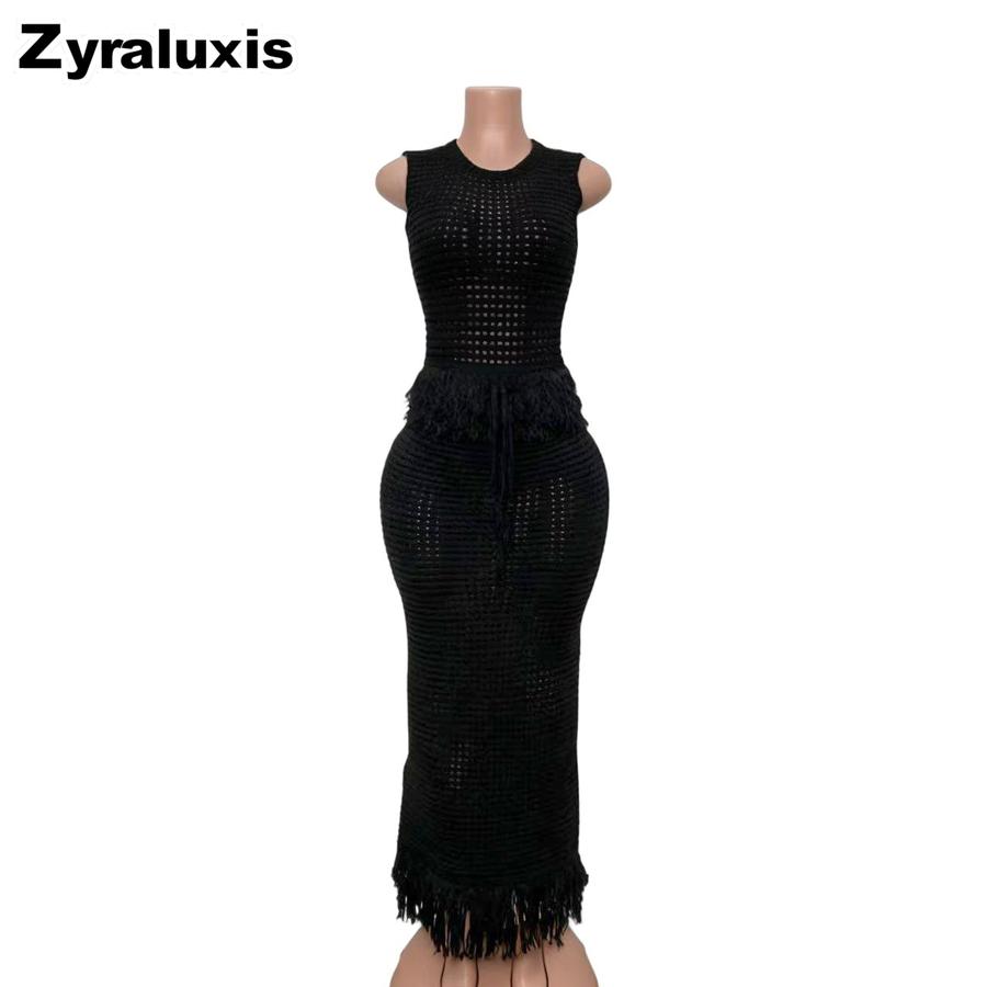 Neues gehäkeltes Fransen-Set Damen Ärmelloses High-Neck-Top + Bodycon-Langrock Zweiteiliges Outfit