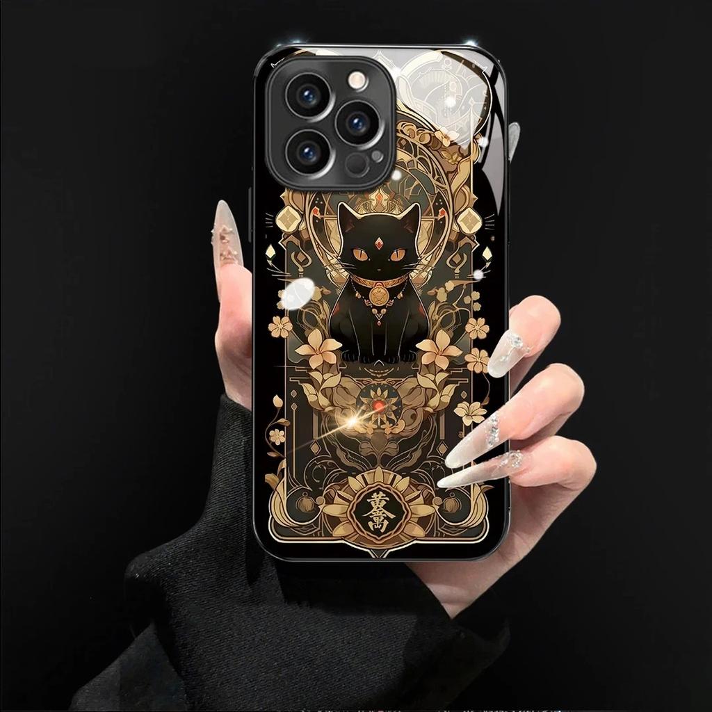 Premium Electroplated Glass Lucky Cat Suitable for Apple 16/17Promax Phone Case 14 Bracelet 15 Creative 13/xs