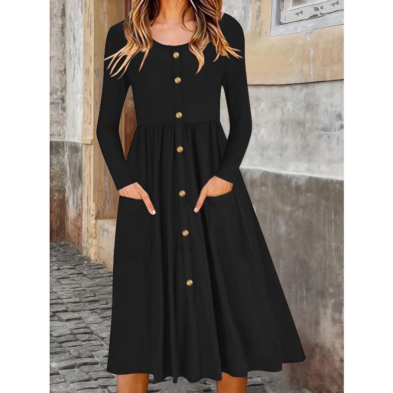 DICFY Women's Fashion Autumn Winter Solid Color Print Long Sleeve O-Neck Casual Dresses