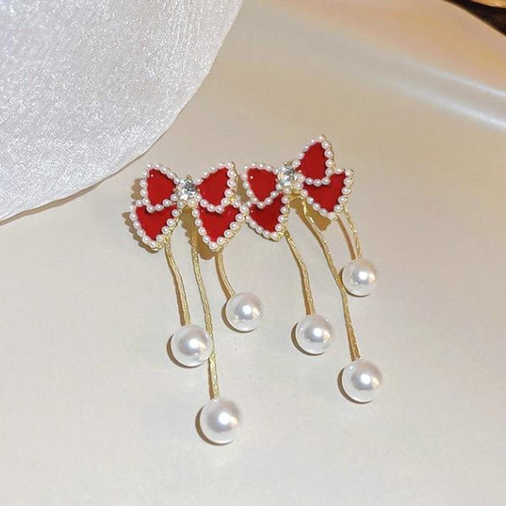 Women's Three Pearl Drop Mini Ribbon Earrings [Silver Needle]