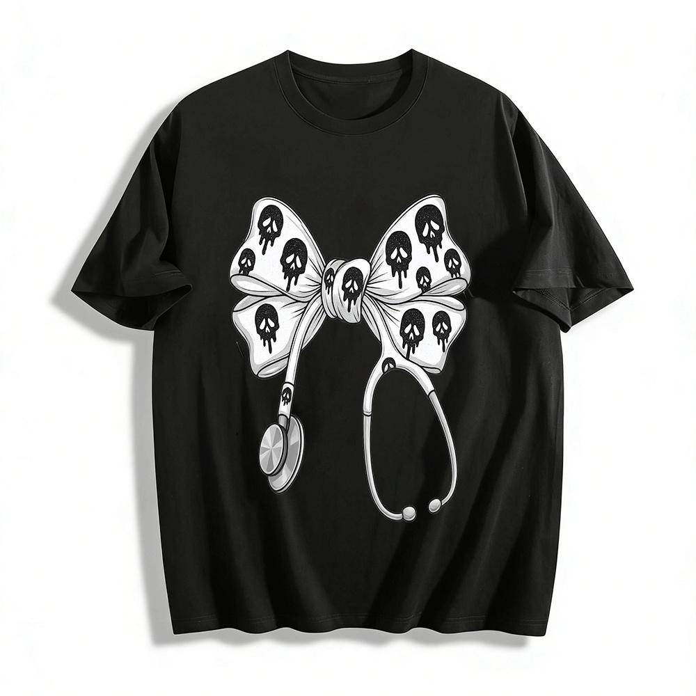 Dark Skull Stethoscope Bow Print Edgy Medical Style Top Pure cotton T-shirt XXS