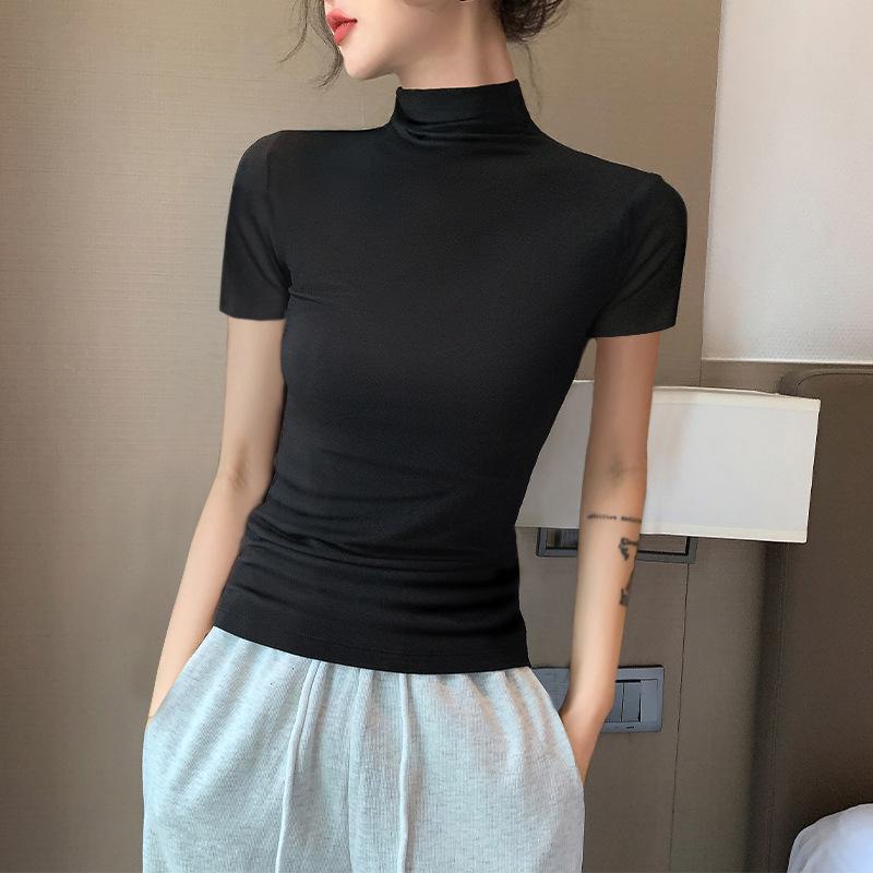 Women's Black Ice Silk Slim Fit Mock Neck T-Shirt - Short Sleeve, Half Sleeve Fashionable Top