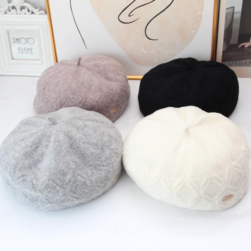New Diamond Embossed Wool Beret Women's Autumn and Winter Retro Metal Standard Pumpkin Hat Showing Small Temperament Painter Hat