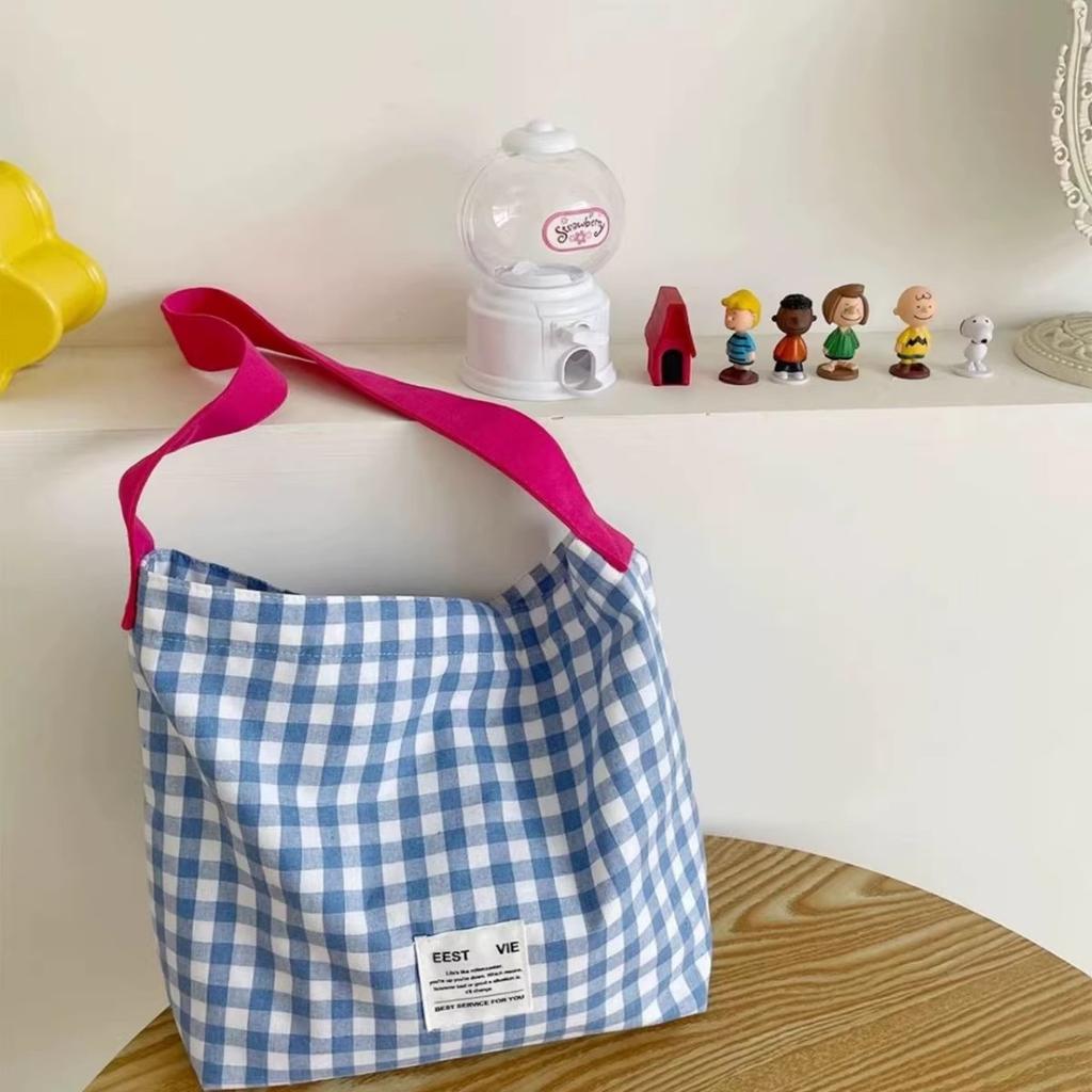 Lazy Wind Contrasting Color Plaid Canvas Bag Women's New Mori Literary and Artistic Style Shoulder Bag Commuter Tote Bag