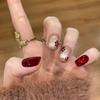 Elegant Hand-Painted Red Enamel Gilded Glass Beads Cat Eye Press-On Nails