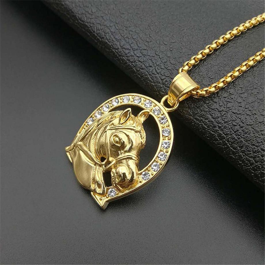 Hip Hop Iced Out Bling Horse Head Pendant Gold Color Stainless Steel Horseshoe Necklace for Men Jockey Club Jewelry Gift 2025
