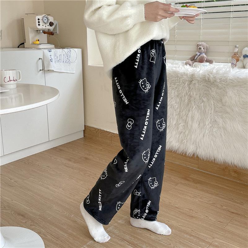 Women's Winter KT Cat Cartoon Flannel Sleep Pants - Thick, Warm, and Cozy for Home