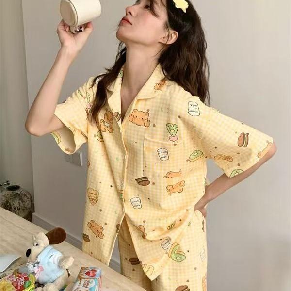 

Super cute cartoon bear pajamas women s summer new short-sleeved sweet plaid high-value loungewear beautiful girl suit S [recommended weight 35-40kg]