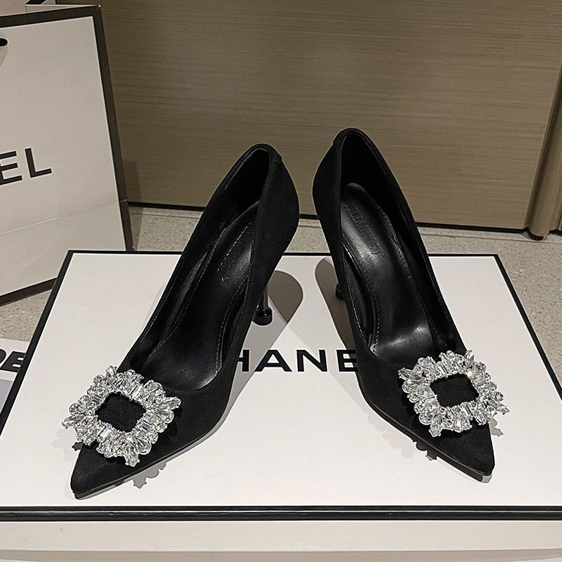 Europe and the United States are not tired of feet, rhinestone square buckle 2025 pointed head fashion versatile stiletto high heels temperament