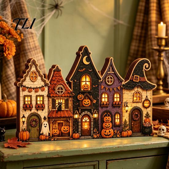 Autumn Theme Interior Ornaments Halloween Retro Haunted Village Wooden Tabletop Decor, Fall Farmhouse Witch Mantle Decorations House Ornament,