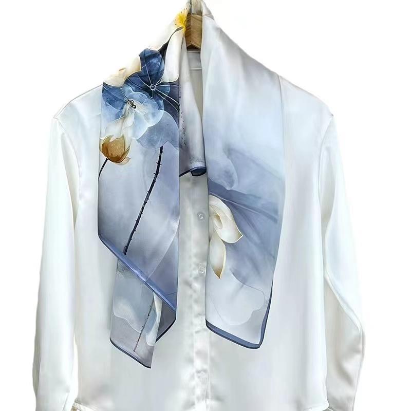 Bysifa|China Style Lotus Blue White Women100% Silk Scarf Hijab Cape Bandana Fall Winter Large Square Head Scarves Shawls 90Cm
