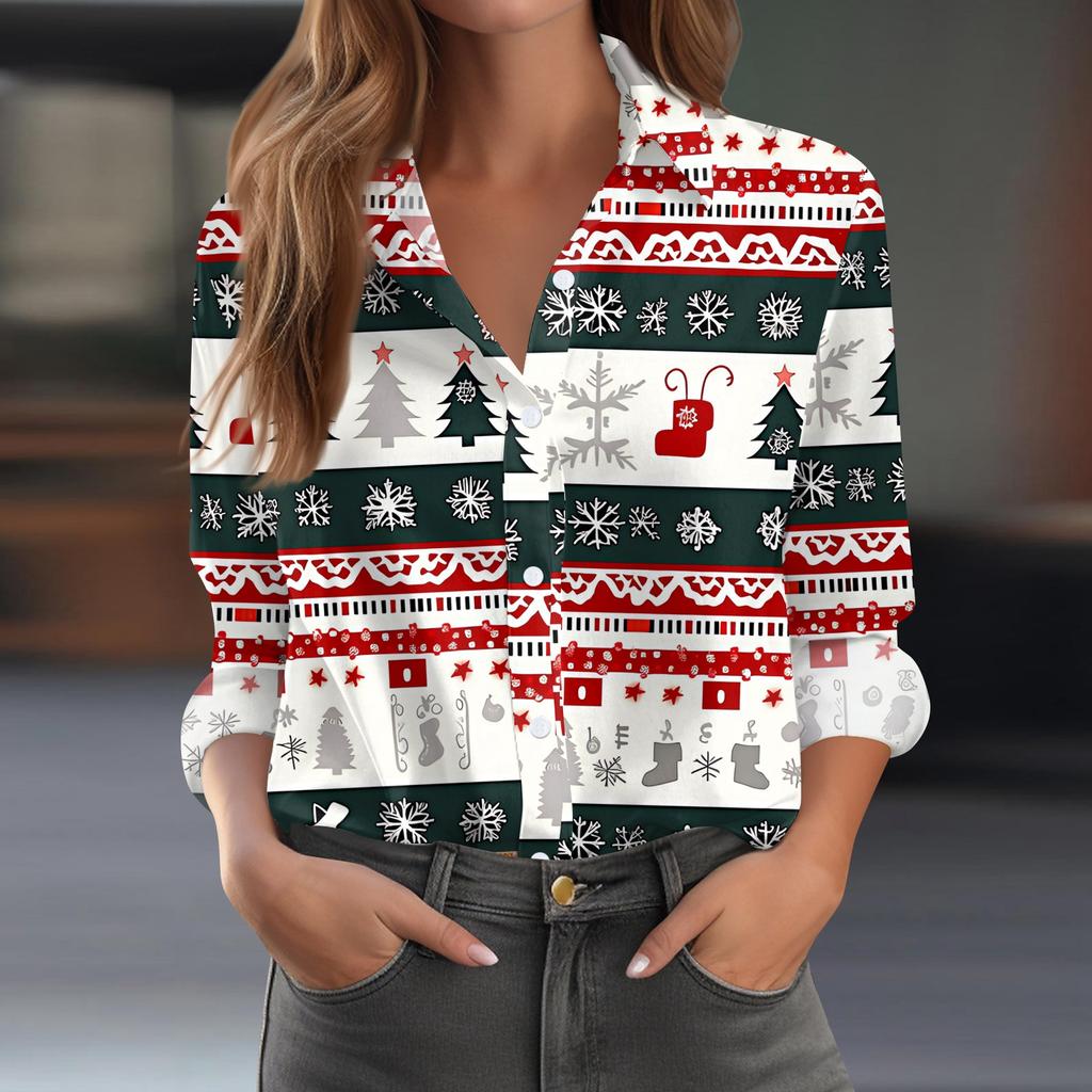 Skjortebluse for kvinner Juletrykkknapp Langermet Casual Basic skjortekrage Vanlig topp