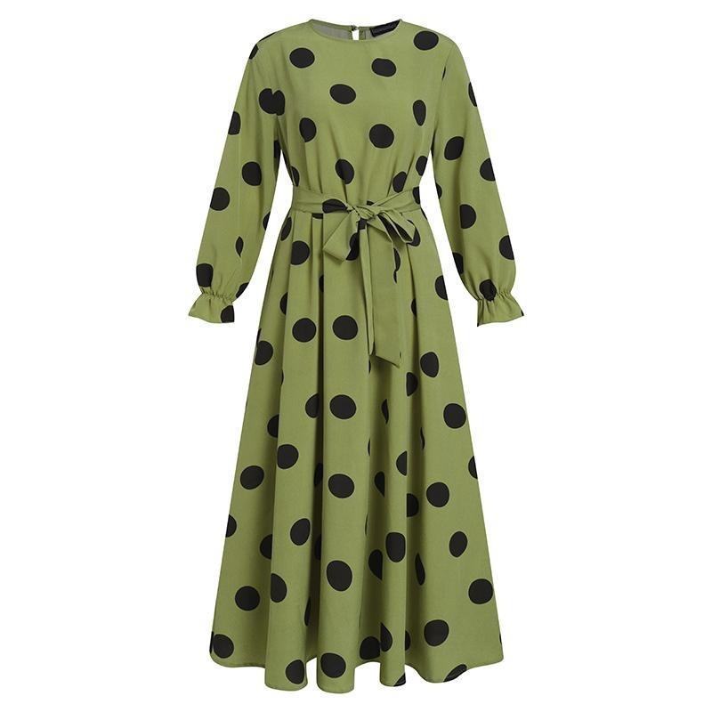 Women's long sleeve round neck polka dot print elegant long dress