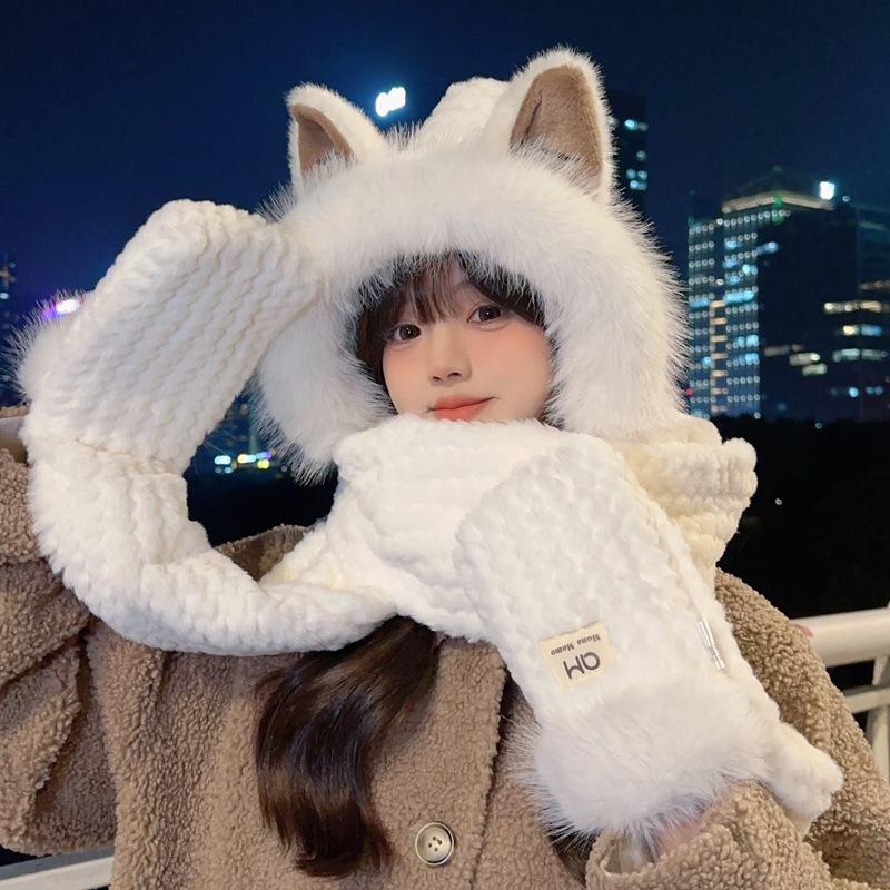 Cute Firefox Hairy Hat Scarf Gloves Integrated Women's Winter Warm Cold Ear Protection Riding