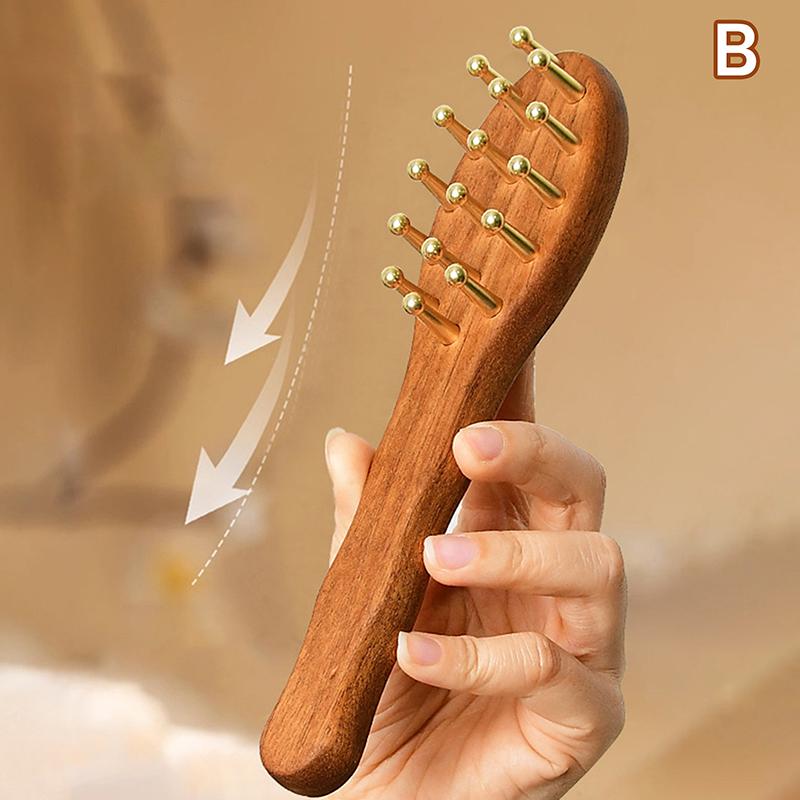 Head Massage And Gua Sha Tool Brass Long Handled Massage Comb Scalp Head Meridian Comb Thickened Wide Gold Wire Sandalwood Comb
