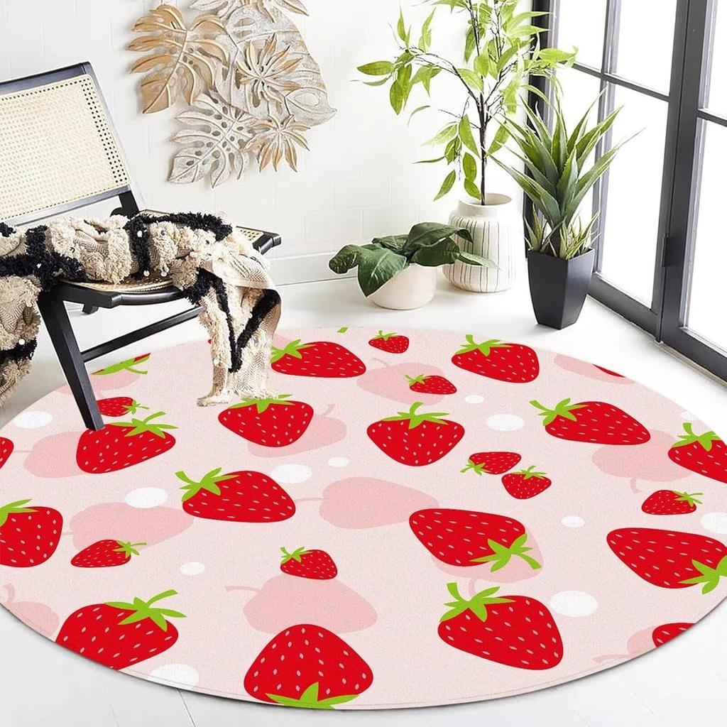 Round Strawberry Rug Kwaii Pink Circle Rugs for Bedroom Dorm Living Room Cute Area Rug Floor Mat Pad Doormat Carpet,