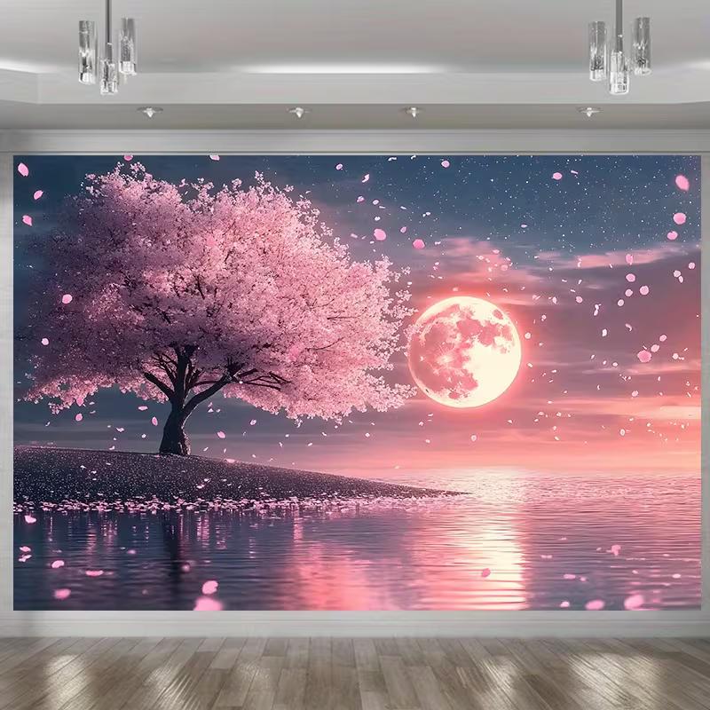 2D Cherry Blossom Tree Moon Night Backdrop Banner 47.2x31.5inch/120*80cm
